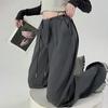 Women Cargo Pants Elastic High Waist Adjustable Drawstring Long Trousers Solid