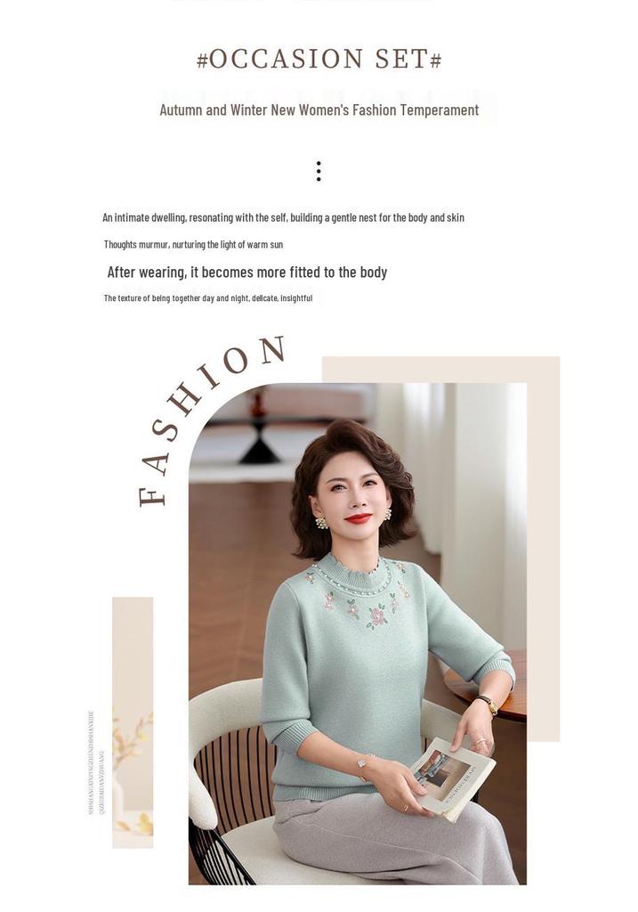 Fleece-Lined Red Winter Sweater for Mother's Zodiac Year - Mid-Aged Women's Half-High Collar Base Layer