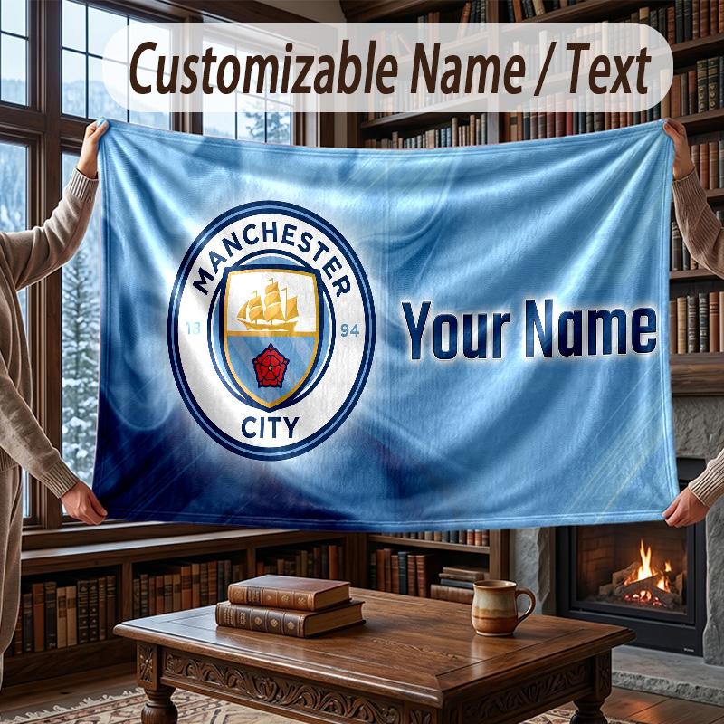 Custom Name Flannel Throw Blanket Manchester City Pattern Warm Home Decoration