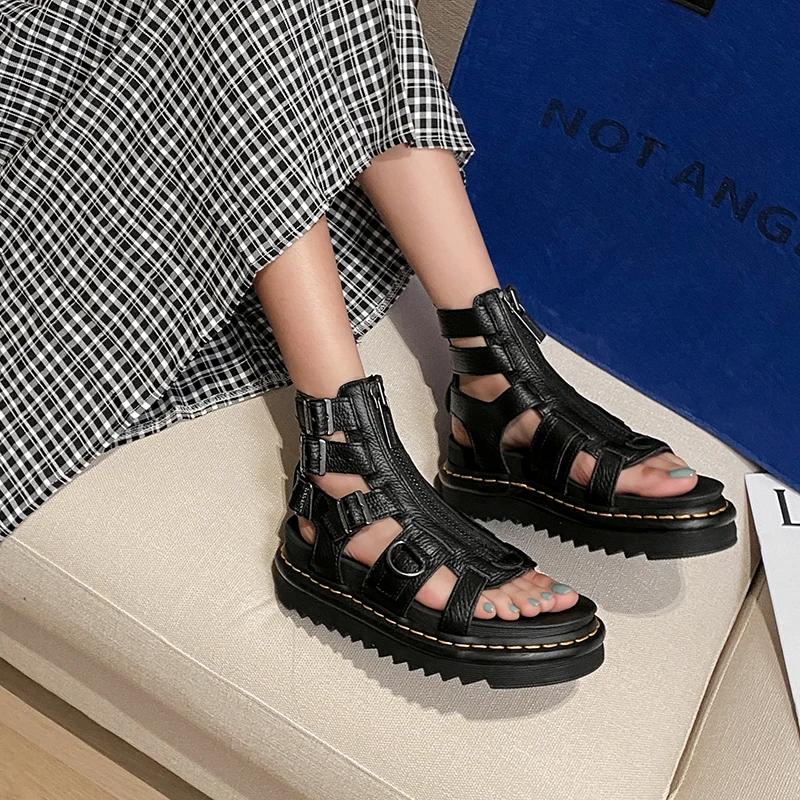 Summer Roman Sandals Fashion Street Black Women's Sandal Gladiator Women Genuine Leather Round Toe Buckle Platform Women's Shoes