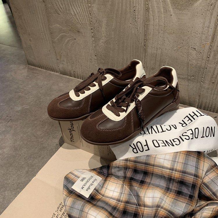 20255 Spring and Autumn New Lace-up Color Matching Round Head Versatile Comfortable Casual Leather Board Shoes Heightening German Training Shoes Women