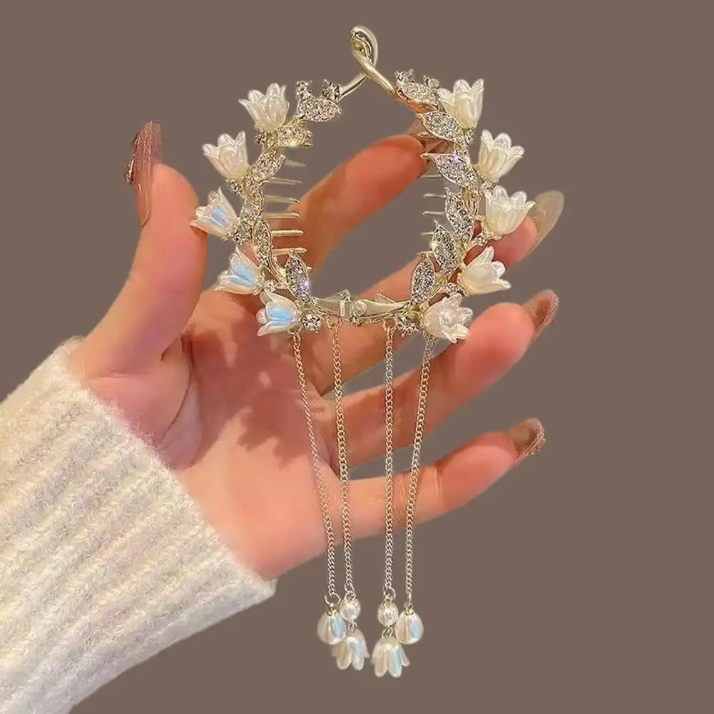 Elegant Tassel Hair Claw Rhinestone Pearl Flower Tassels Hair Clip Women Girl Ponytail Holder Hairpins Fringe Hair Accessories