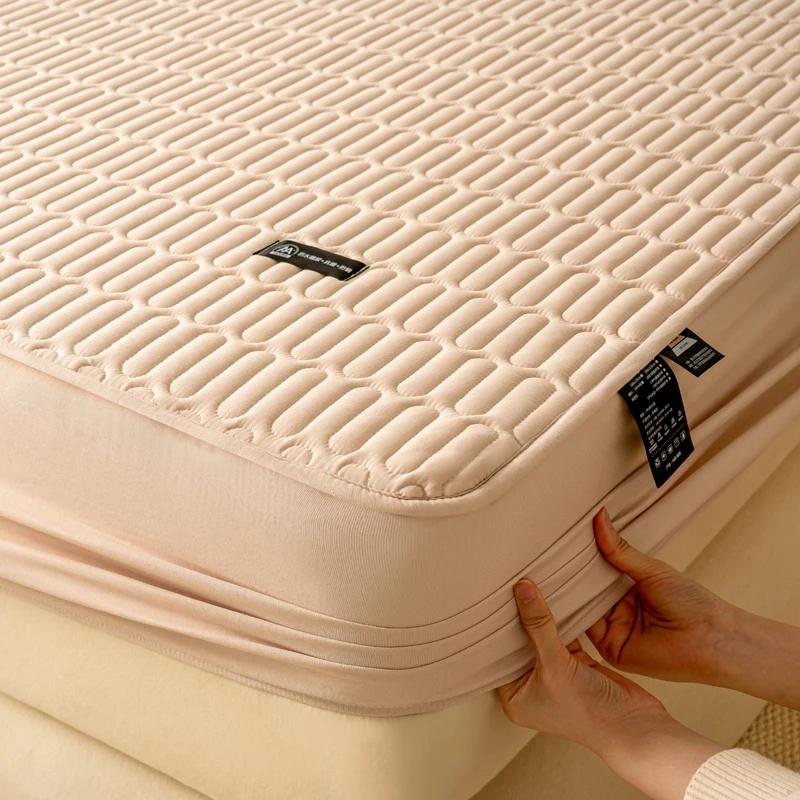 1 PC Waterproof Bedcover Fitted Sheet Bed Mattress Cover Thickened Quilted Soft Comfortable Breathable Solid Color Bedding Mattress Cover