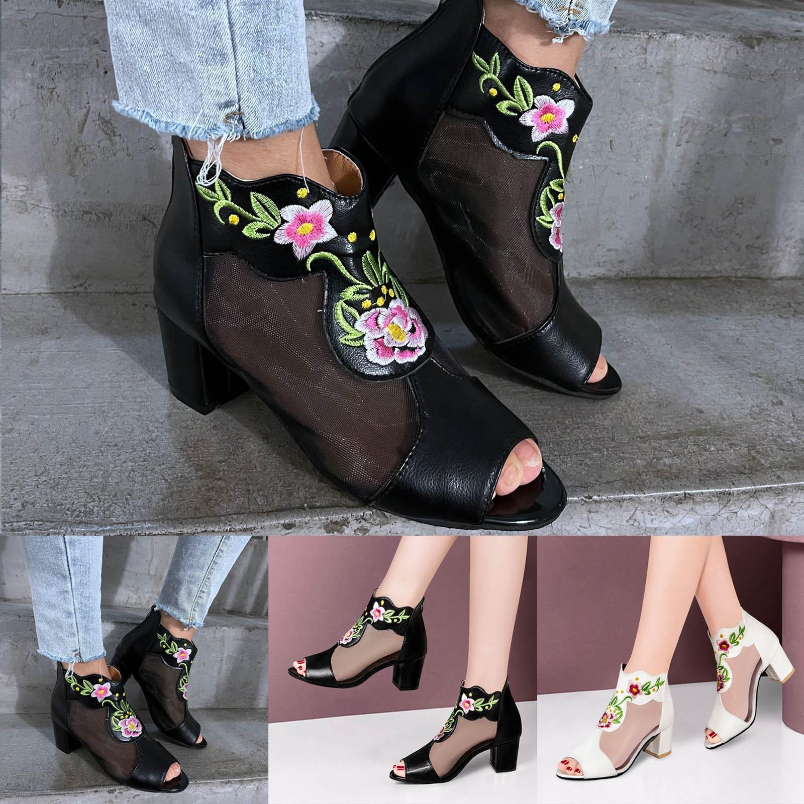 

Сандалии с вышивкой на толстом каблуке и молнией Женская обувь Женские сандалии