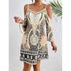 Women Bohemian Print Cold Shoulder Mini Dress Casual Long Sleeve A Line Dress