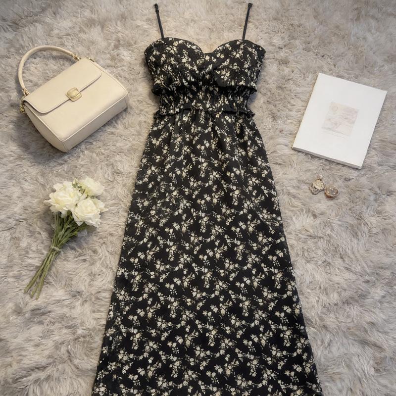 Floral Tube Top Dress Women's Inner Cover Waist Split Suspender Black Long Skirt Spring New Coffee Break Dress