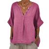 Cotton Linen Women Shirt V-Neck Buttons Half Placket Half Sleeve Breathable Loose Fit Tops Daily Wear