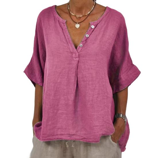 Cotton Linen Women Shirt V-Neck Buttons Half Placket Half Sleeve Breathable Loose Fit Tops Daily Wear