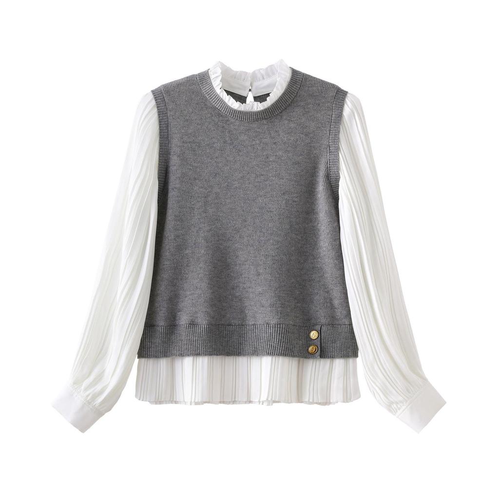 Top in Maglia Color Block con Collo a Volant Stile Coreano Autunno 2025 per Donna