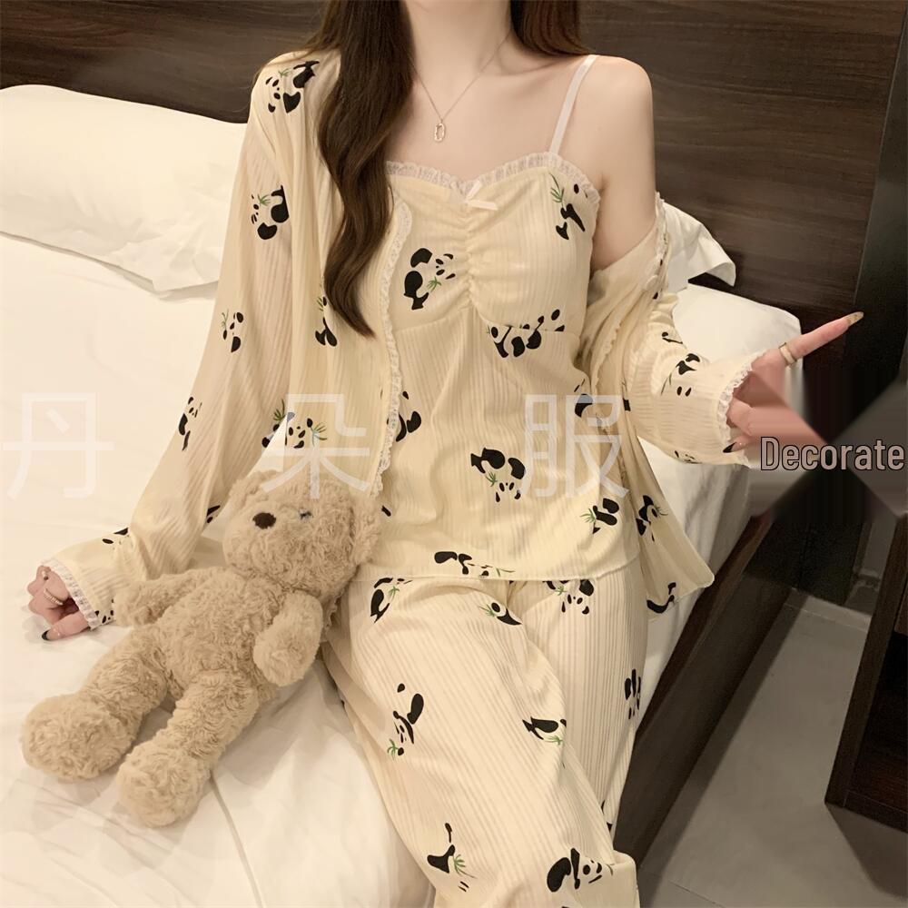 Hot-Selling 2024 Women's Long Sleeve Floral Pajama Set - Sexy Spring & Autumn Three-Piece with Chest Pads