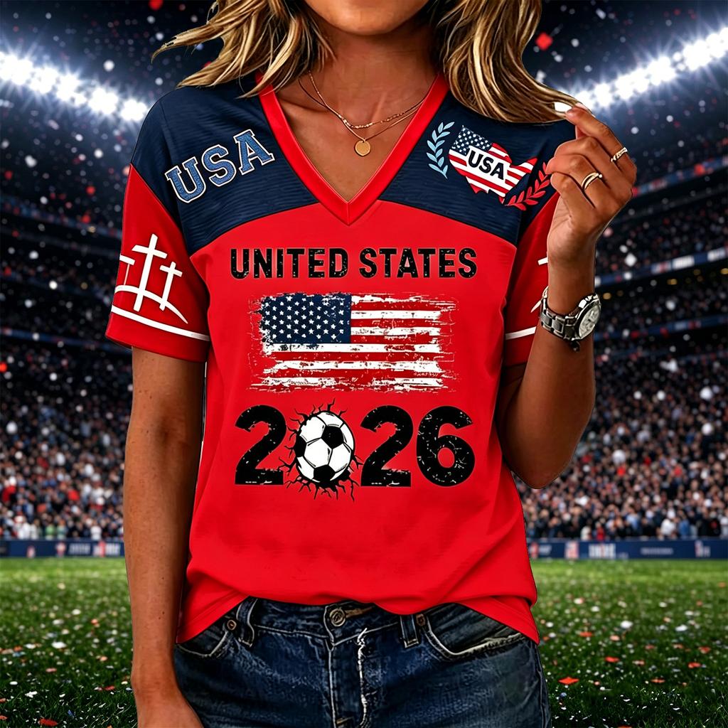 Women’s Casual V Neck Pullover Top with Short Sleeves and States Flag 2026 Soccer Graphic Print for Everyday Wear