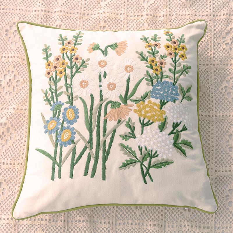 Flower Embroidered Farmhouse Ornamental Throw Pillow Covers 18"X 18" Cottage Floral Green Leaves Knit Patterned Cotton Cushion Case