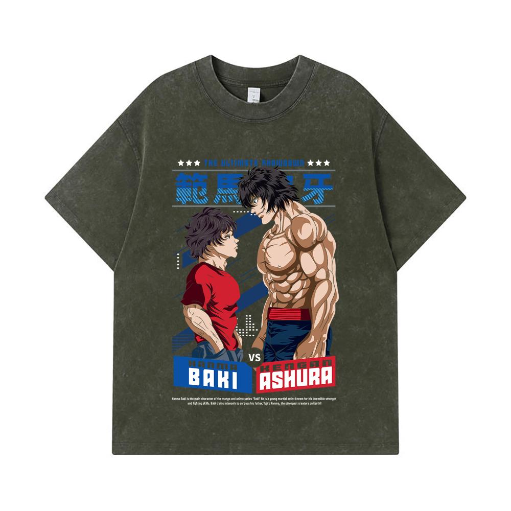 

275 GSM Washed T-shirts 100% Cotton Baki V2 Baki Ashura Print Unisex Heavy Cotton T Shirt S армия зеленый