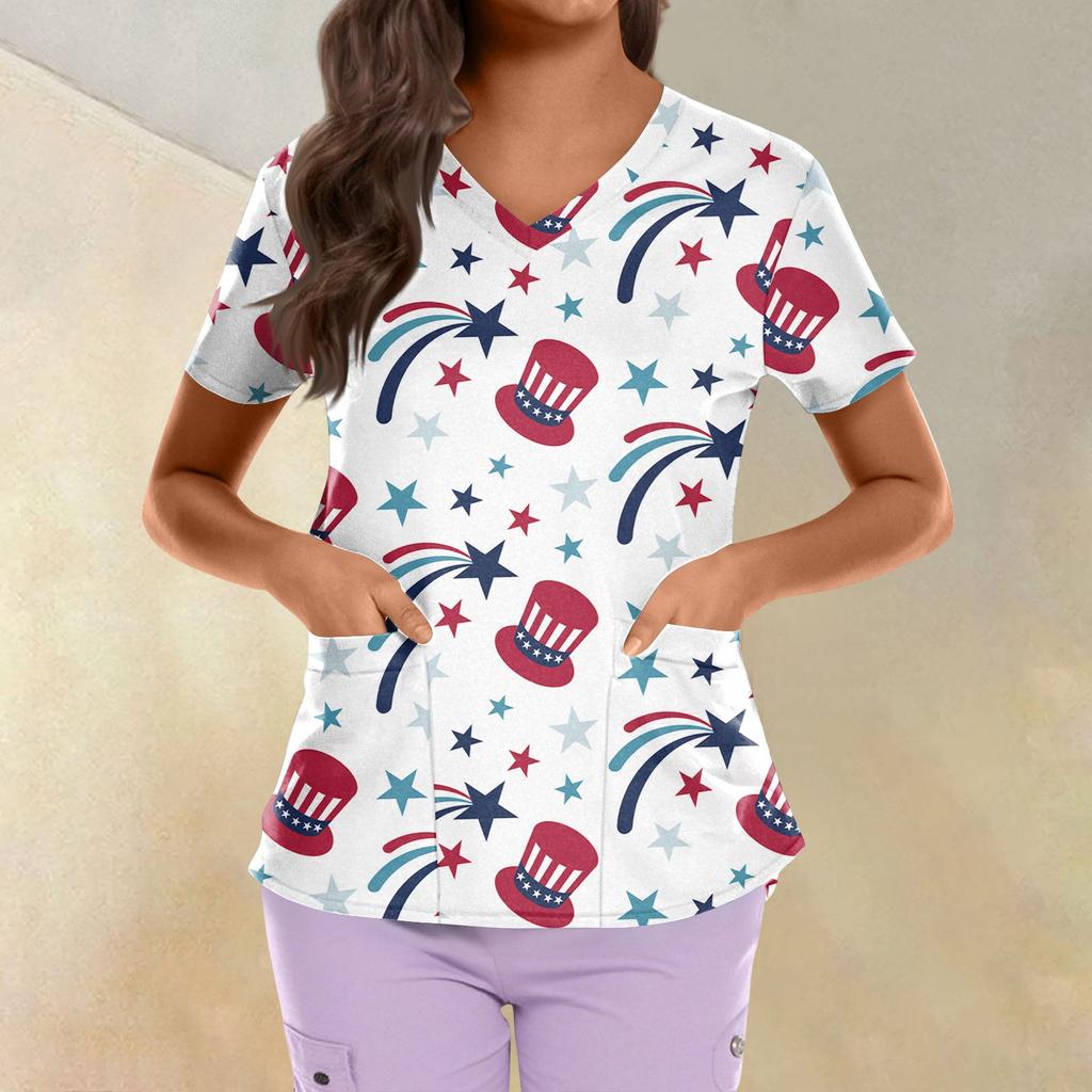 Topuri Uniformă de Lucru Scrub Imprimate Mărimi Mari Pentru Femei Gât în V Încrucișat Imprimeu Ziua Independenței Mânecă Scurtă Tricouri Amuzante Tricou de Lucru cu Buzunare