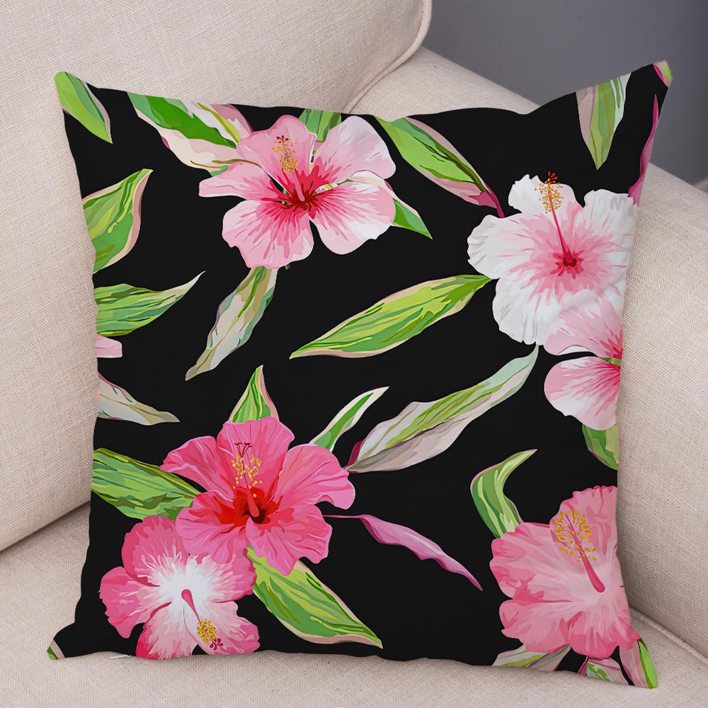 Tropical Floral Cushion Cover Pink Hibiscus Flower Leaf Print Soft Fabric Living Room Sofa Home Decor Pillow Case