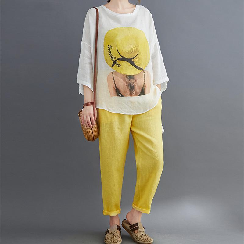 Лето Женщины Летучая мышь Шаблон Принт Футболка Льняная футболка Мода ...