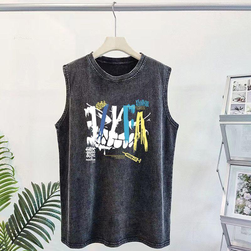 Amerykańska koszulka bez rękawów w stylu vintage, sprana, z grafiką, męski tank top, letnie ubrania Y2k, koszulki oversize, streetwear