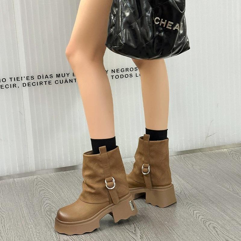 Sheepskin version retro new thick heel new versatile round head stacking boots tube boots Martin boots flat heel