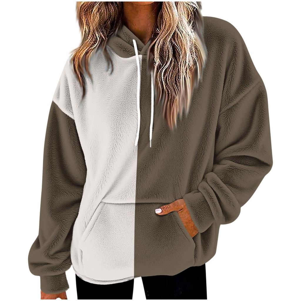 Unisex Color Block Hoodie with Pockets - Long Sleeve Flannel Pullover