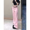 Vintage American Pink Flared Jeans Women High Waist Slim Fit Retro Bottom Trousers