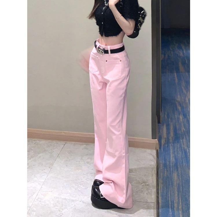 Vintage American Pink Flared Jeans Women High Waist Slim Fit Retro Bottom Trousers