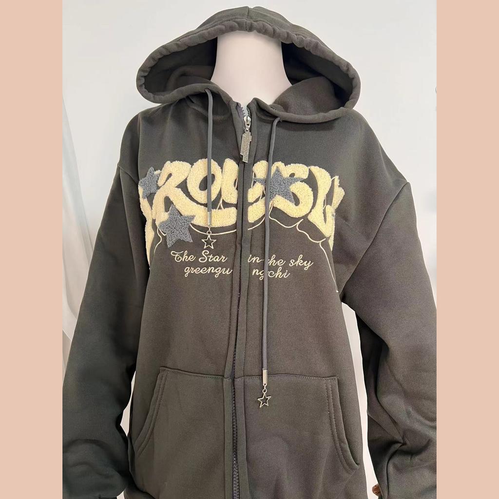 Spring Autumn Embroidery Zip Up Hoodies Women Long Sleeve Tops Loose Hood Shirt Harajuku Y2K Clothes Female Sweatshirt Jacket