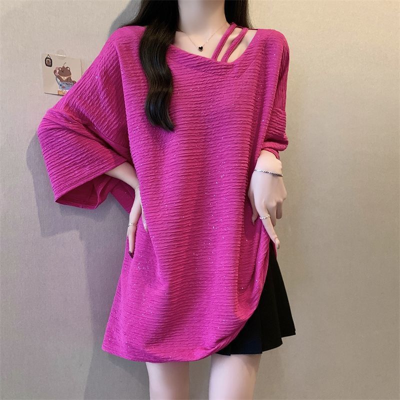 Large Size Shiny Texture Irregular Short Sleeved T-shirt Women's Summer New Loose Top