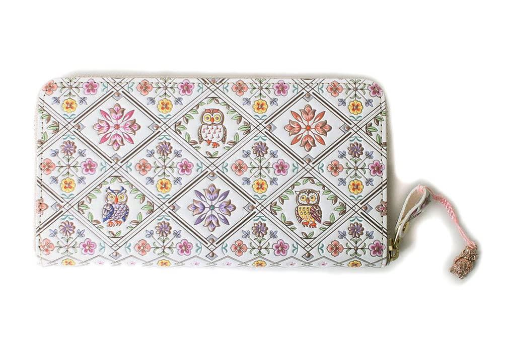 Wallet Women Mandala Owl Yuzen-Dyed Round Zip Long Wallet in Pink Gold – Edo Komon Pattern, Original Owl Charm Netsuke Genuine Leather Asakusa Japan
