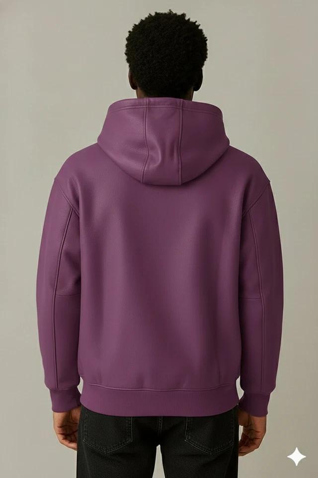 Purple Handmade Hoodie Classic Wear Biker Lambskin Leather Men's Genuine Jacket
