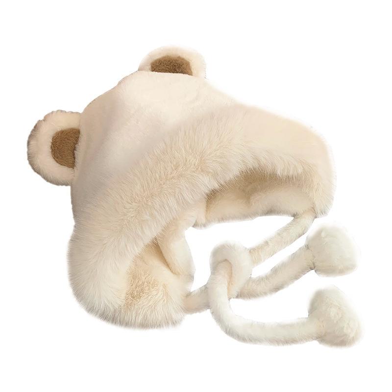 Korean Cute Bear Ear Pullover Hat for Women In Autumn and Winter Hat Plush Hat Plush Hat Thickened Outdoor Cold Protection Ear Protection Hat