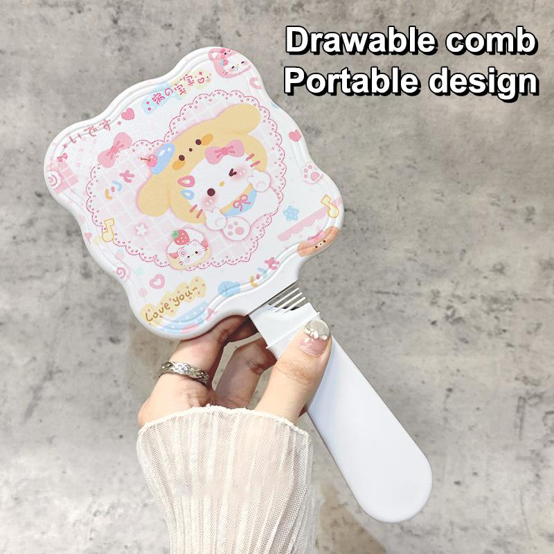 Sanrio Handheld Mirror With Comb Kawaii Hello Kitty Baby Pattern Mirror Comb Extracted Hair Brush Massage Styling Beauty Tool