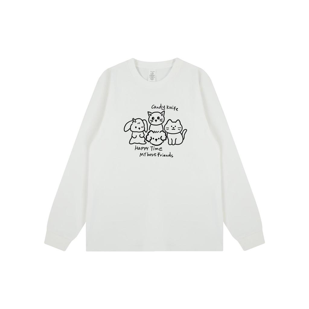 Adorable Cartoon Kitten Korean Cuffed Long Sleeve T-Shirt - Trendy Autumn/Winter Versatile Top