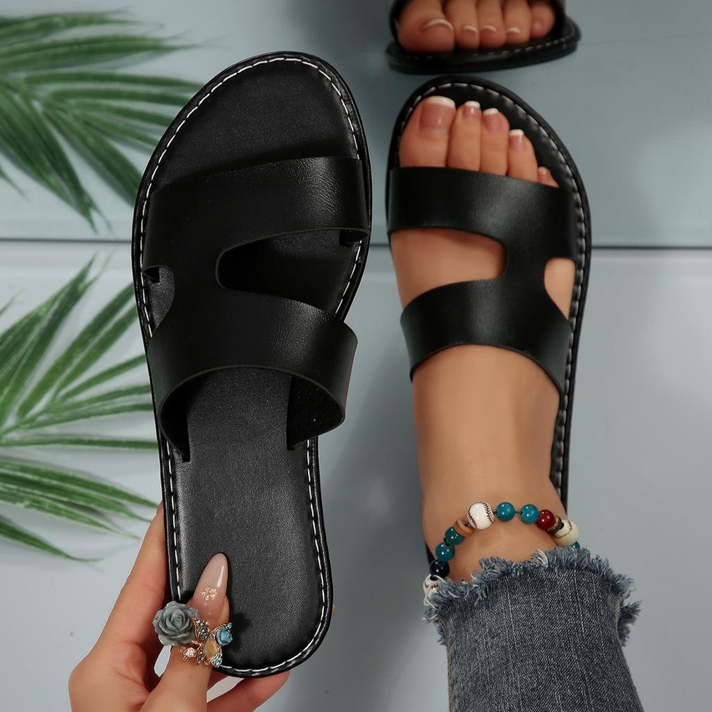 Women Slippers Round Headed Leather Ladies Slippers Casual Couple Beach Flat Shoes Comfortable Sandals Lightweight Slides Women