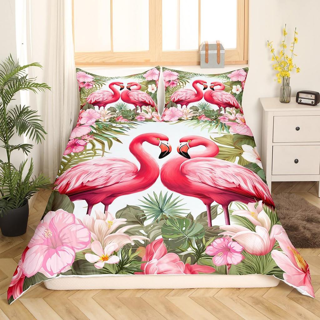 Comforter Queen Size Pink Flamingo Boys Girls Palm Leaves Bedding Set For Couples Bird Print Comforter Set