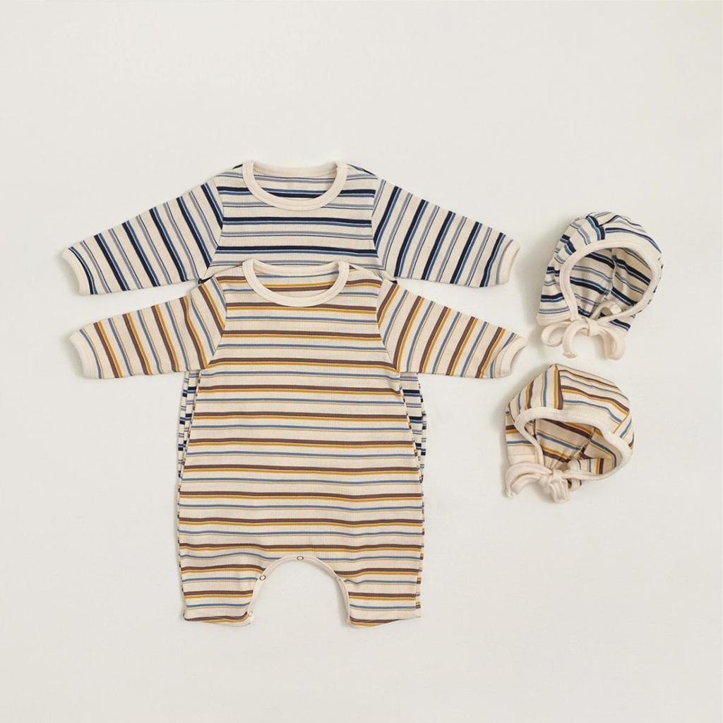 Korean-Style Ribbed Footed Romper: Colorful, Long-Sleeve, Unisex Baby Jumpsuit for Autumn.