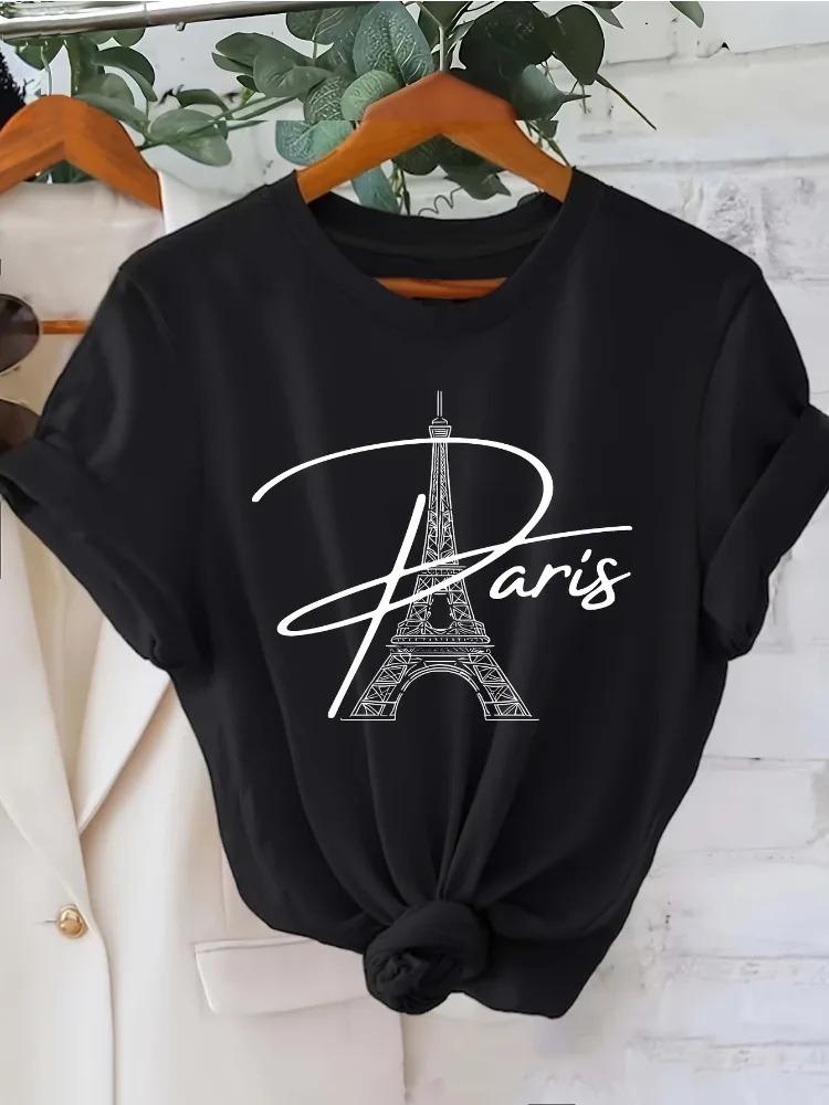Paris Tower English Letter Print Pattern Women's Harajuku Short-Sleeve Oversized Y2K T-Shirt Casual Fashion Pure Cotton Apparel