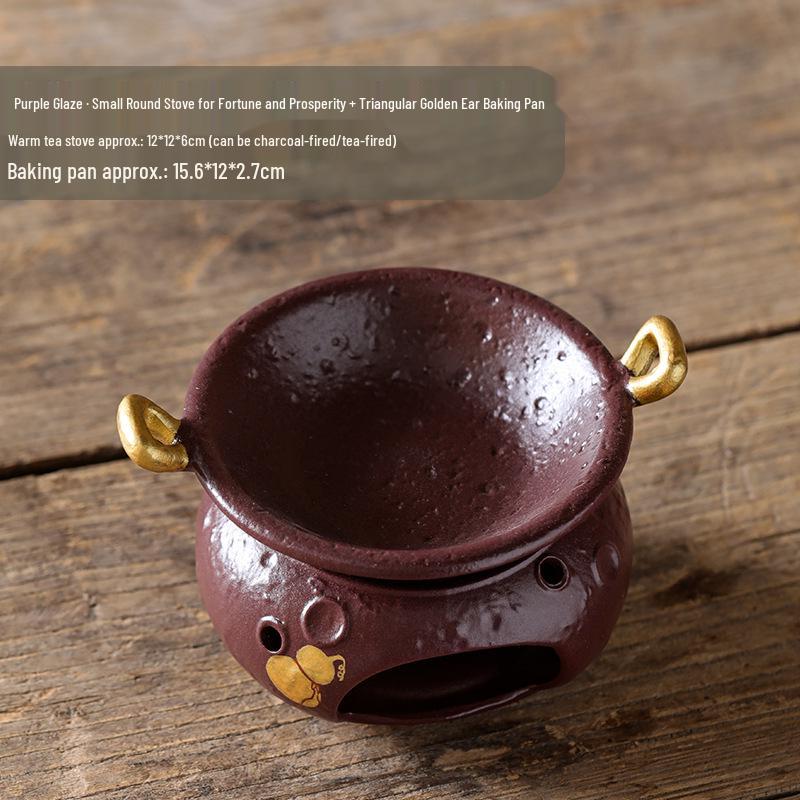 Purple Glaze Fu Lu Round Tea Stove + Triangle Golden Ear Baking Pan Ceramic Stir-Frying Tea Maker Set