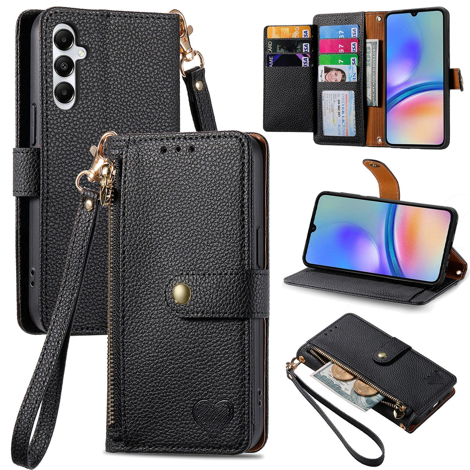 

For Samsung Galaxy A06 4G Case RFID Blocking Zipper Pocket Leather Wallet Phone Cover Black
