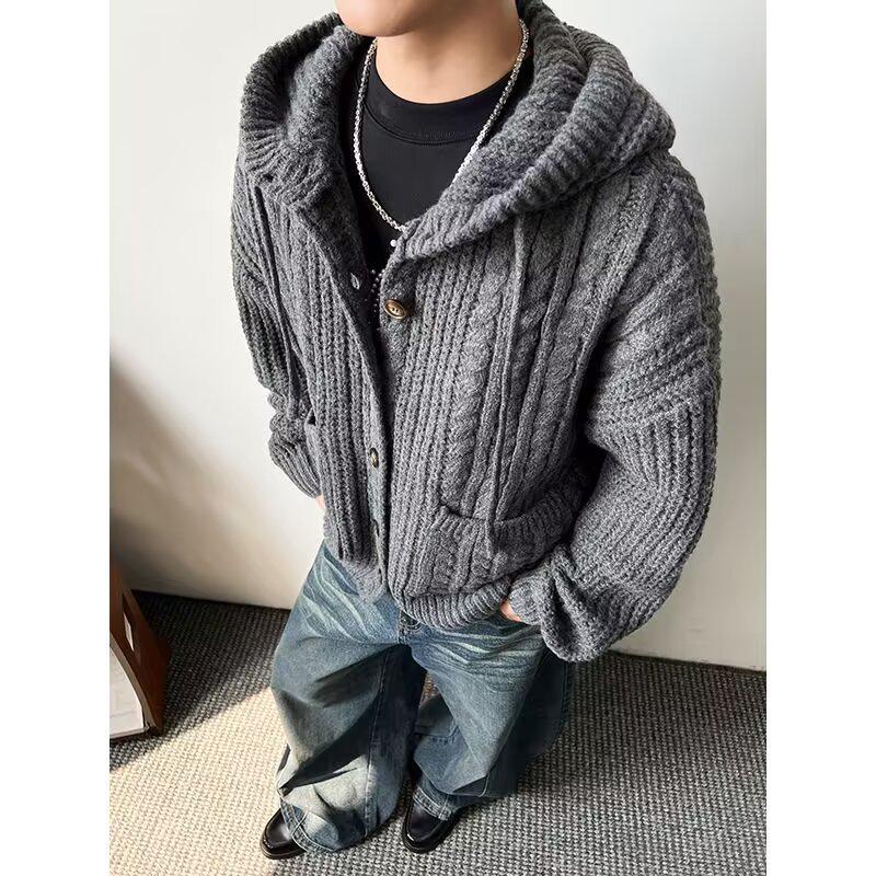 Men's Retro Chunky Knit Cardigan: Versatile Japanese Jacquard Sweater with Big Pockets.
