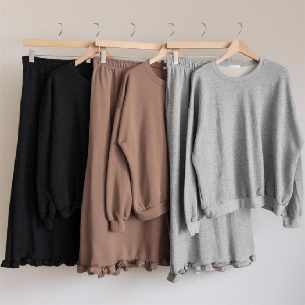 New Arrivals Open Run Women Frill Long Skirt And Oversized Fall Sweatshirt Set