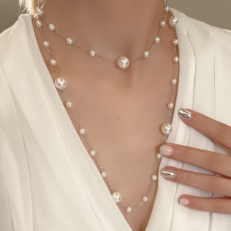 Large and Small Pearl Double-layer Necklace French Light Luxury High-end Sweater Chain Retro Temperament Elegant Necklace