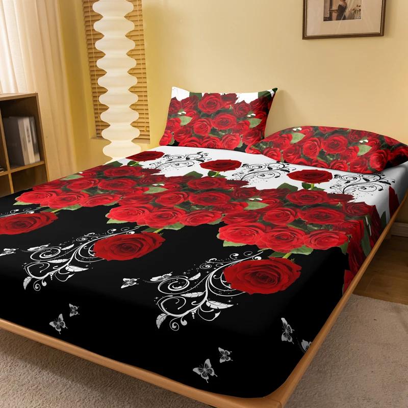 

Delicate Red Rose Frosted Bedsheet Printed Bedspread Bedding Set Without Pillowcases 71x132cm