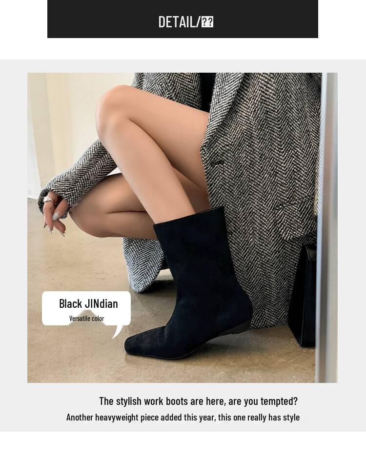 British-Style Ankle Boots - Autumn 2024 Cowhide Square Toe, Low Heel, Slim European-American Workwear