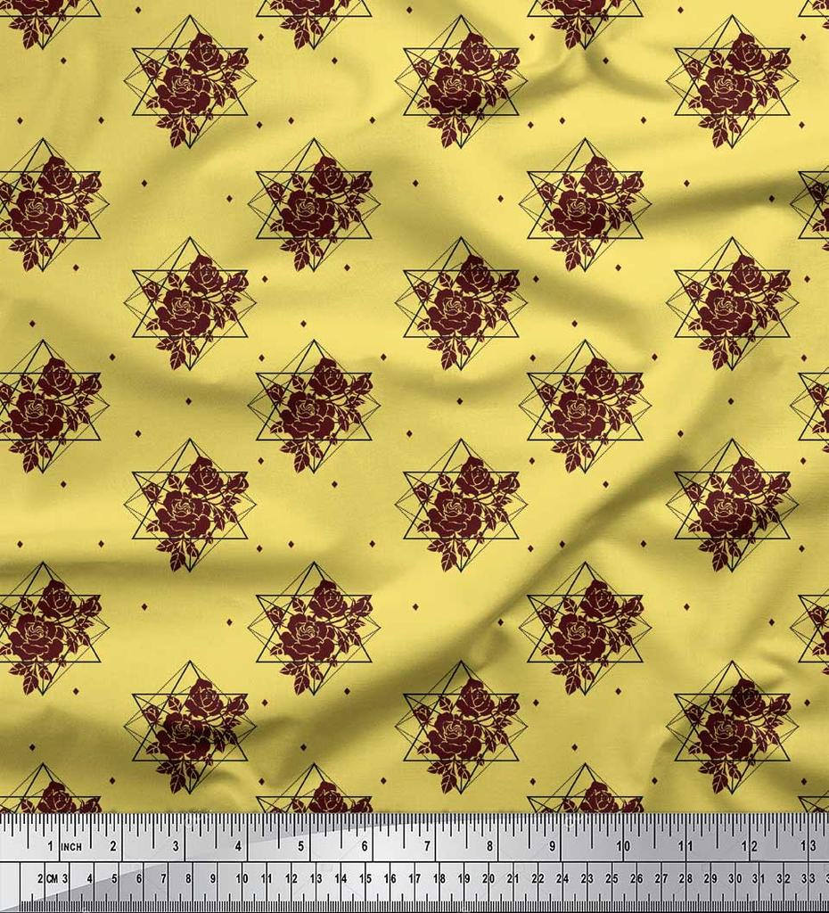 Soimoi Green Poly Crepe Fabric Geometric & Rose Floral Printed Fabric 1 Yard 42 Inch