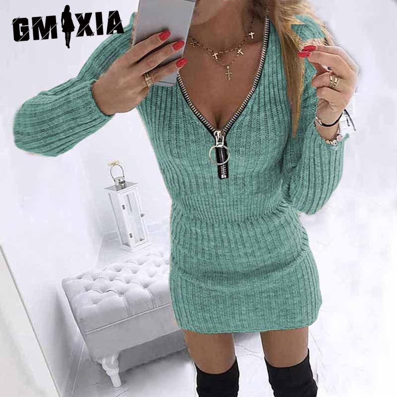 GMXIA S-5XL Automne Hiver Jupes Portefeuille Femme Taille Zippée Manches Longues Robe Tricotée Hanches