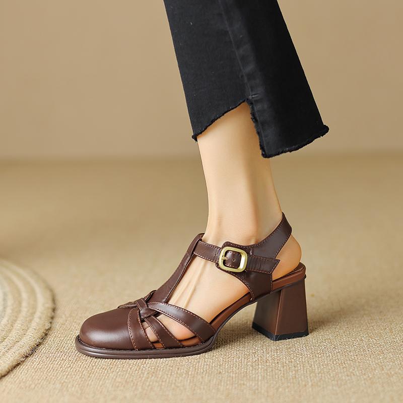 Modne Eleganckie Damskie Sandały na Obcasie z Zakrytymi Palcami Luksusowa Marka Skóra Naturalna Wysoki Obcas Blokowy Sandały Rzymskie Haftowane Czółenka Gladiator