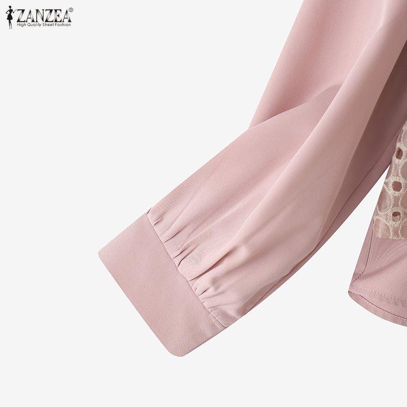 ZANZEA Women Casual Turn Down Collar Long Sleeve Embroidery Splice Fake Two-piece Blouse