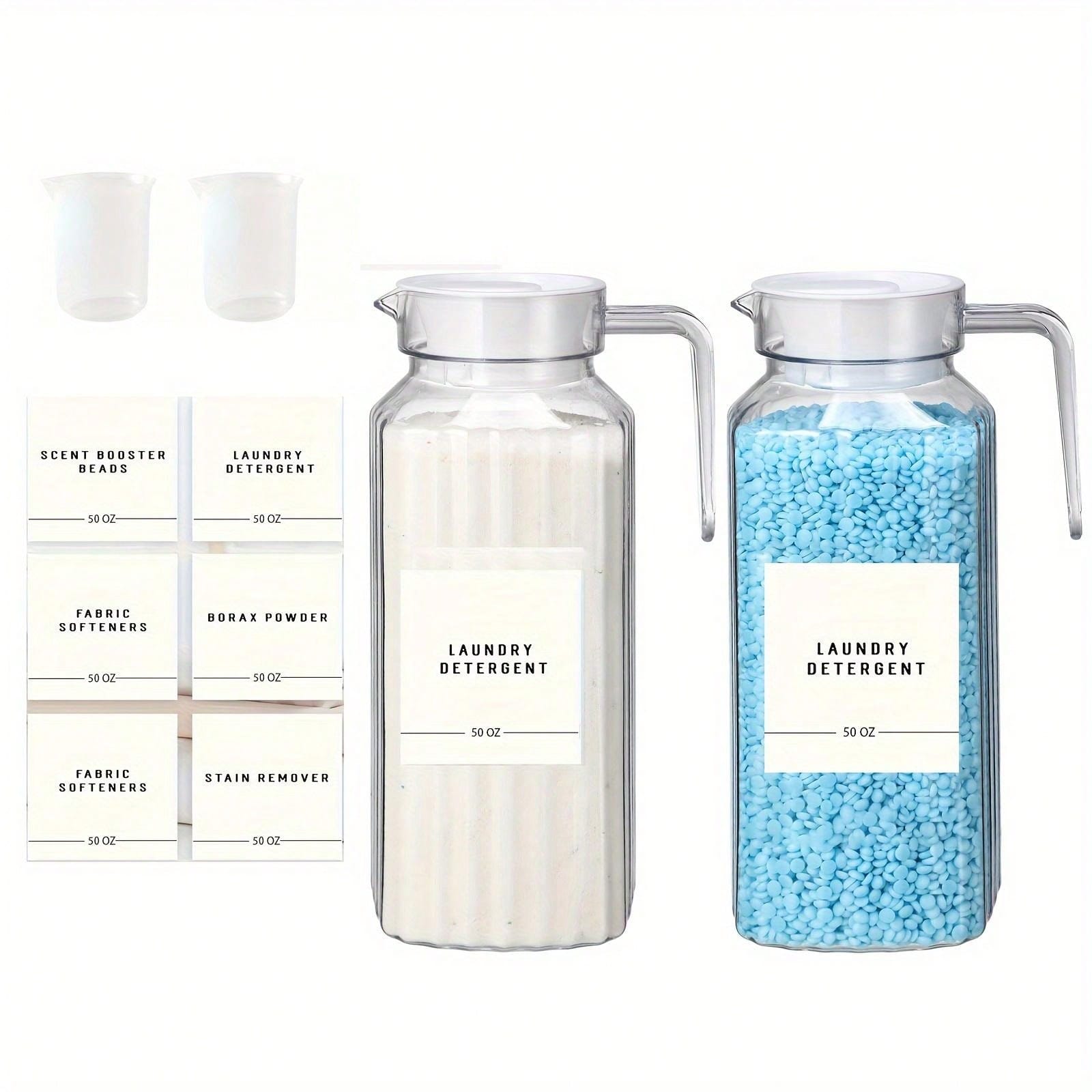 1/2 Pcs Laundry Detergent Dispenser Fabric Softener Dispenser with Labels Measuring Cups Laundry Soap Bleach Container