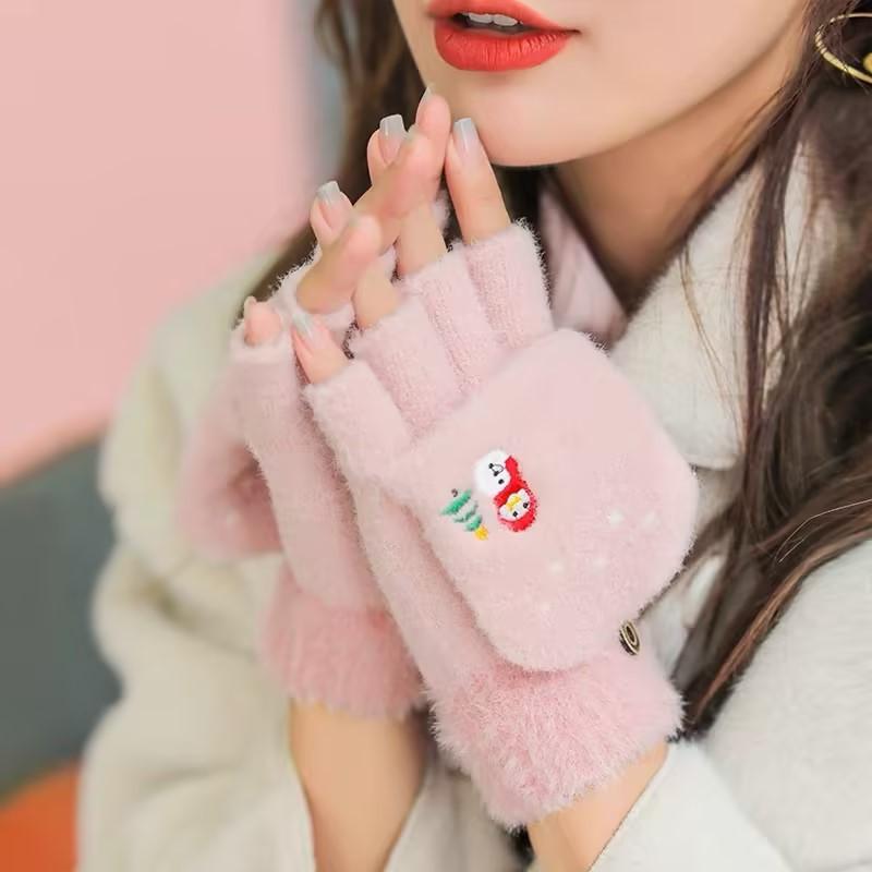 Women's Touch Screen Gloves Embroidered Snowman Cute Imitation Mink Warm Knitted Plush Autumn and Winter Cold-proof Finger Gloves