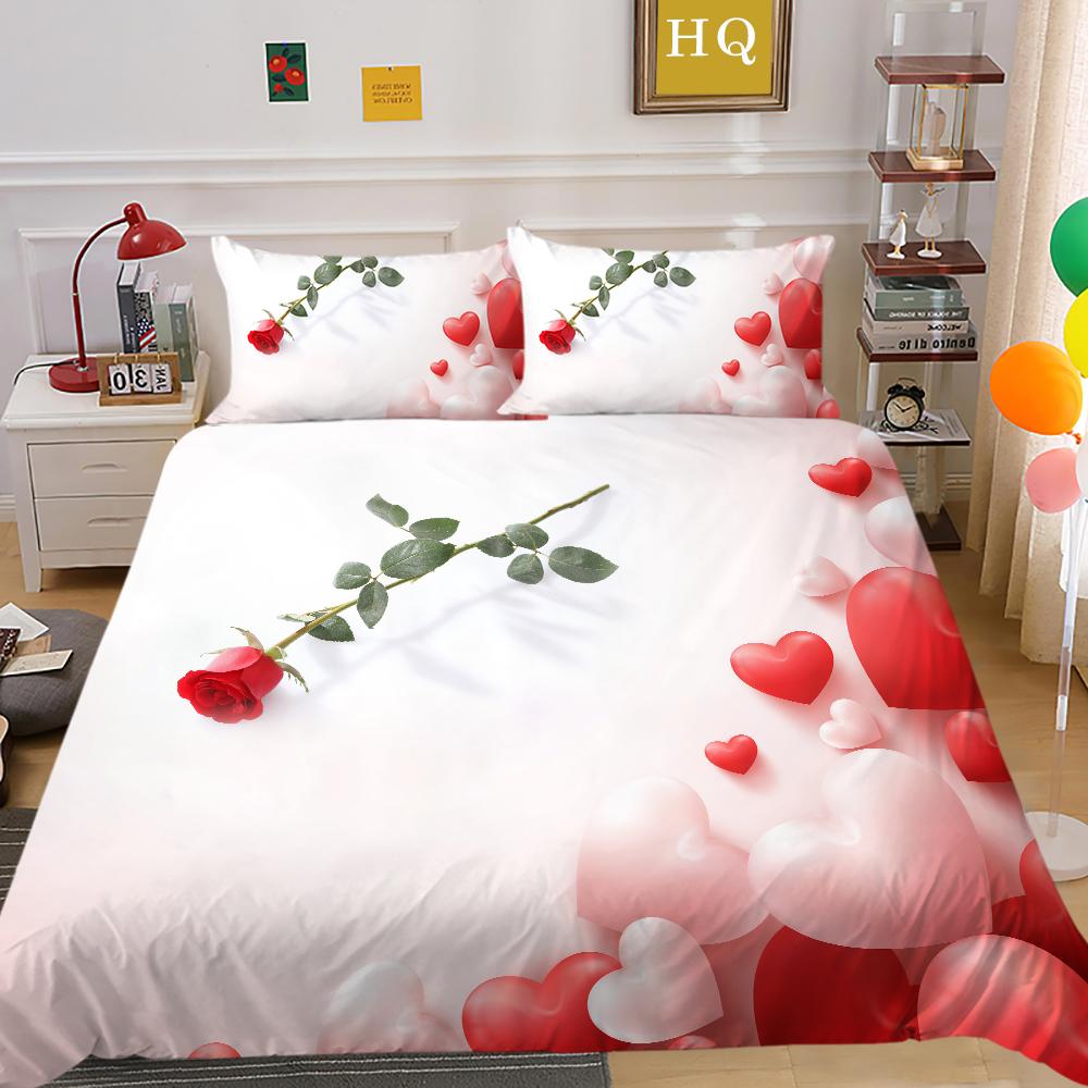 3D Valentine's Day Bedding Set King Queen Bed Duvet Cover Pillowcase 2/3pcs Newlywed Couple Duvet Cover Soft and Quick Drying Home Textile